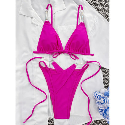 Sexy Halter Pearls Strappy Bikini Female Swimsuit Women Swimwear Two-pieces Bikini set High Cut Bather Bathing Suit Swim V5473