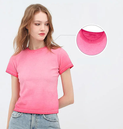 Female 240GSM Gradient Washed Custom LOGO Solid Slim  T-Shirt Soft Cotton Streetwear Casual Short Sleeve Cool Retro For Women