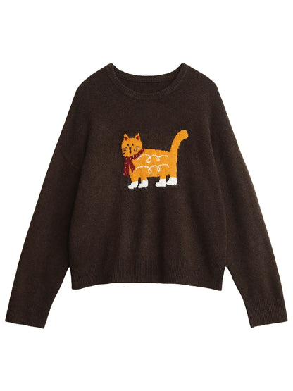 CHIC VEN New Women Sweaters Loose Casual O Neck Cartoon Cat Female Knitted Jumpers Pullovers for Girl Autumn Winter 2025