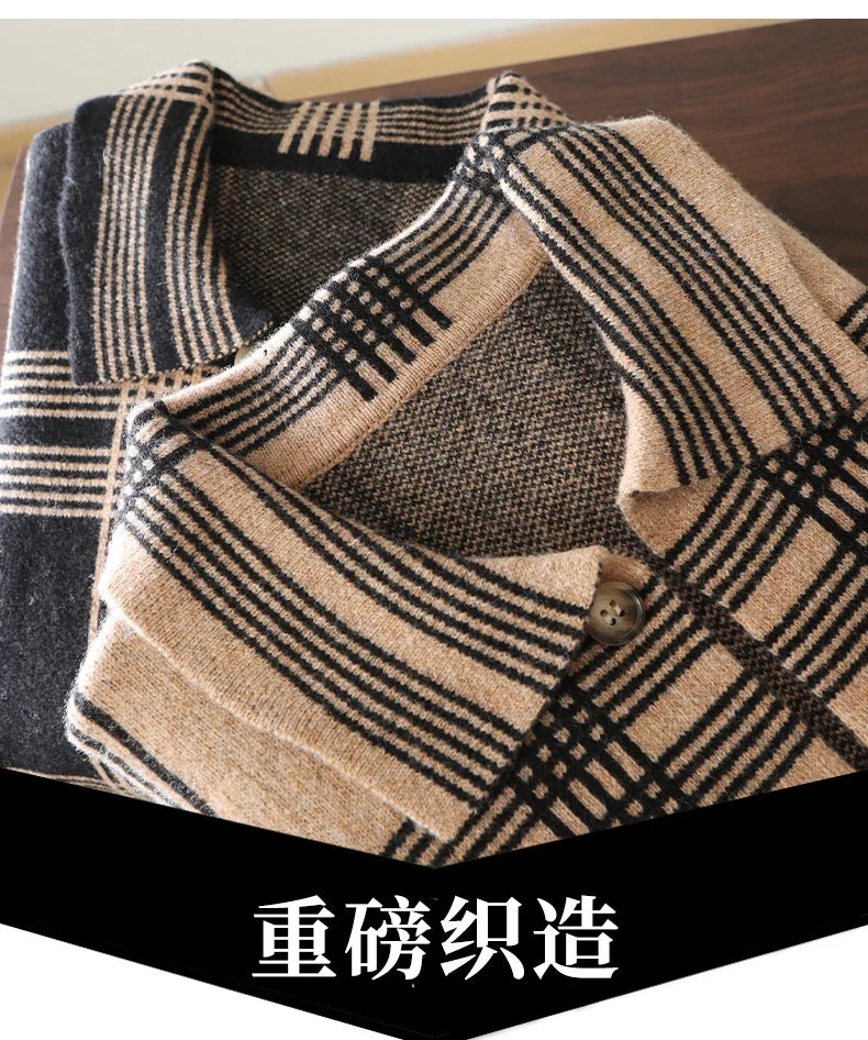 100% Merino Wool Men's Lapel Collar Knit Cardigan Coat 2025 Spring/ Autumn New POLO Neck Grid Suit Shirt Cashmere Jacket Sweater