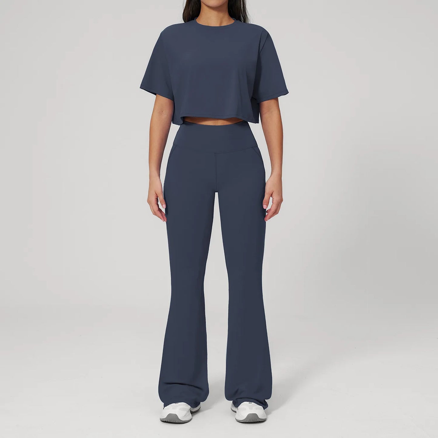 Women's Tracksuits 2PCS Yoga Outfits Gym Clothes Workout Set Sportswear Female Short Sleeve Sports Shirts Flared pants Yoga Suit