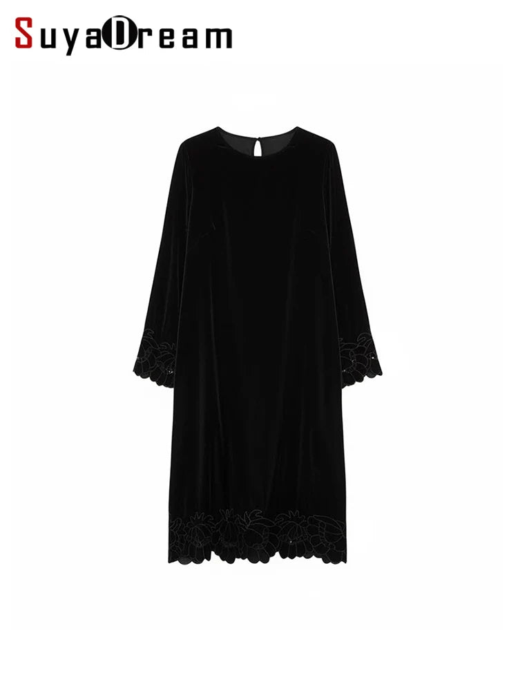 SuyaDream, Women Velvet Dresses, 100%Real Silk, O Neck, Embroidery Black Mid Dress, 2026 Spring Summer Elegant Cloth