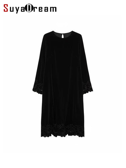 SuyaDream, Women Velvet Dresses, 100%Real Silk, O Neck, Embroidery Black Mid Dress, 2026 Spring Summer Elegant Cloth