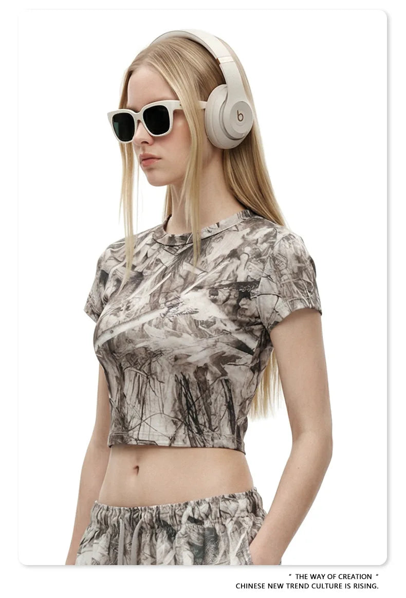 Custom LOGO women's 315G cotton polyester summer short front shoulder camouflage short-sleeved T-shirt vest casual sports suit