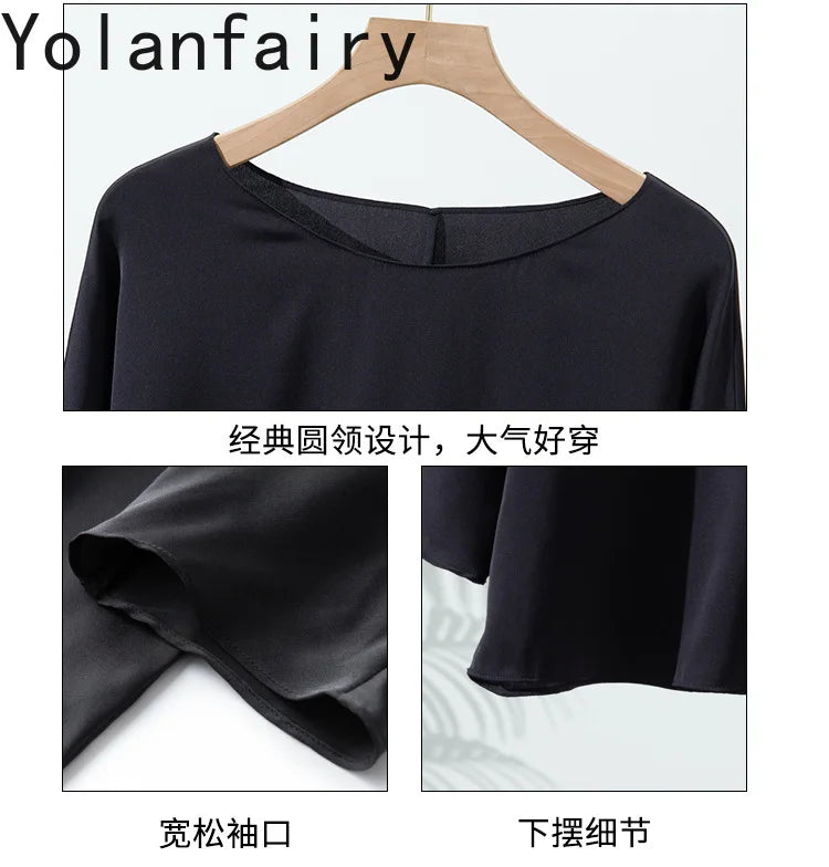 YOLANFAIRY 23MM 93% Real Mulberry Silk T Shirts for Women Summer O-neck Blouse Woman Elegant Shirt Loose OL Tops and Blouses