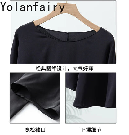 YOLANFAIRY 23MM 93% Real Mulberry Silk T Shirts for Women Summer O-neck Blouse Woman Elegant Shirt Loose OL Tops and Blouses