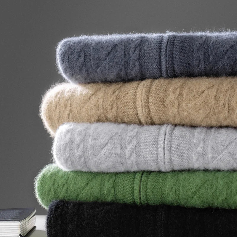 High Quality Men Mock Collar Twisted Cardigan Autumn Winter Thick Zipper 100% Merino Wool Sweater Casual Coat Cashmere Knitwear