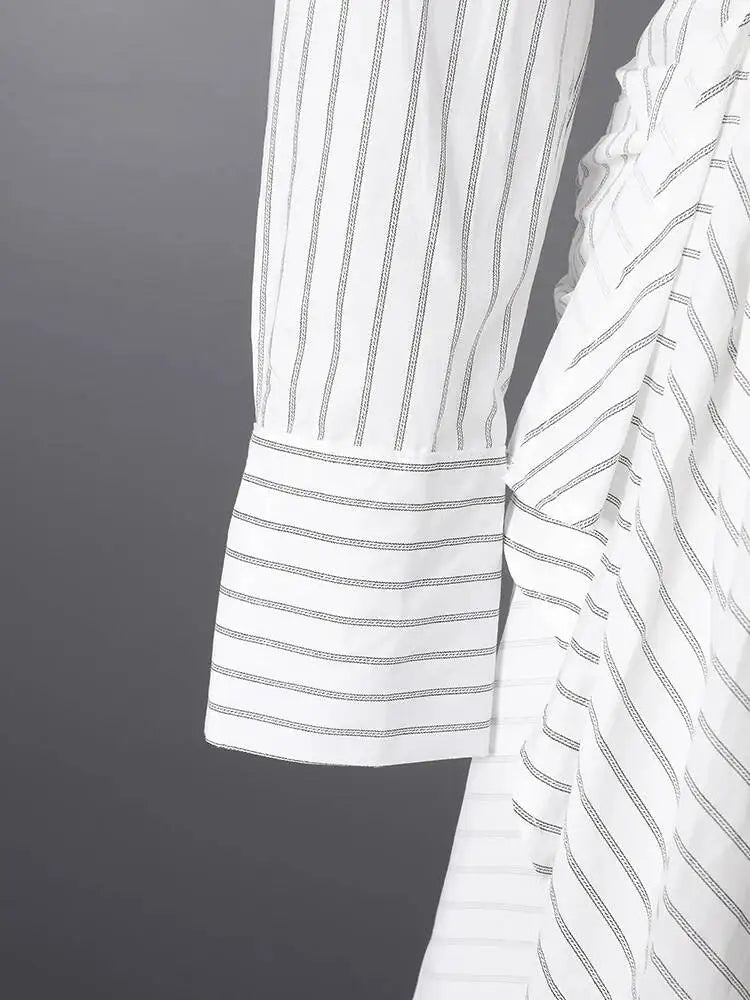 DEAT Fashion Striped Wrap Tie Waist Shirt Mini Dress Women's Lapel Asymmetric Ruched Hem Striped Bodycon Dresses Summer New