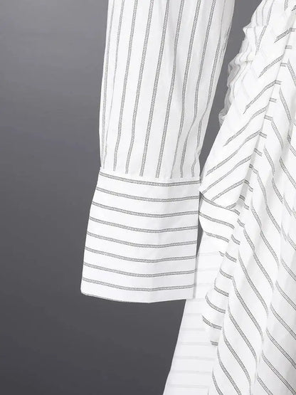DEAT Fashion Striped Wrap Tie Waist Shirt Mini Dress Women's Lapel Asymmetric Ruched Hem Striped Bodycon Dresses Summer New