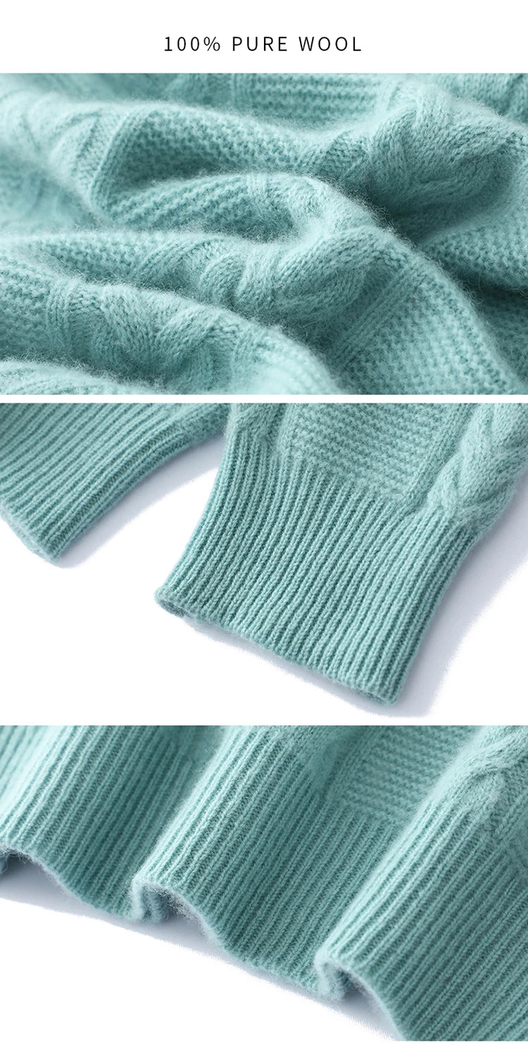100% Merino Wool Sweater Men's Round Neck Thickened Tops Autumn Winter New Soft Warm Casual Solid Color Knitted Pullover