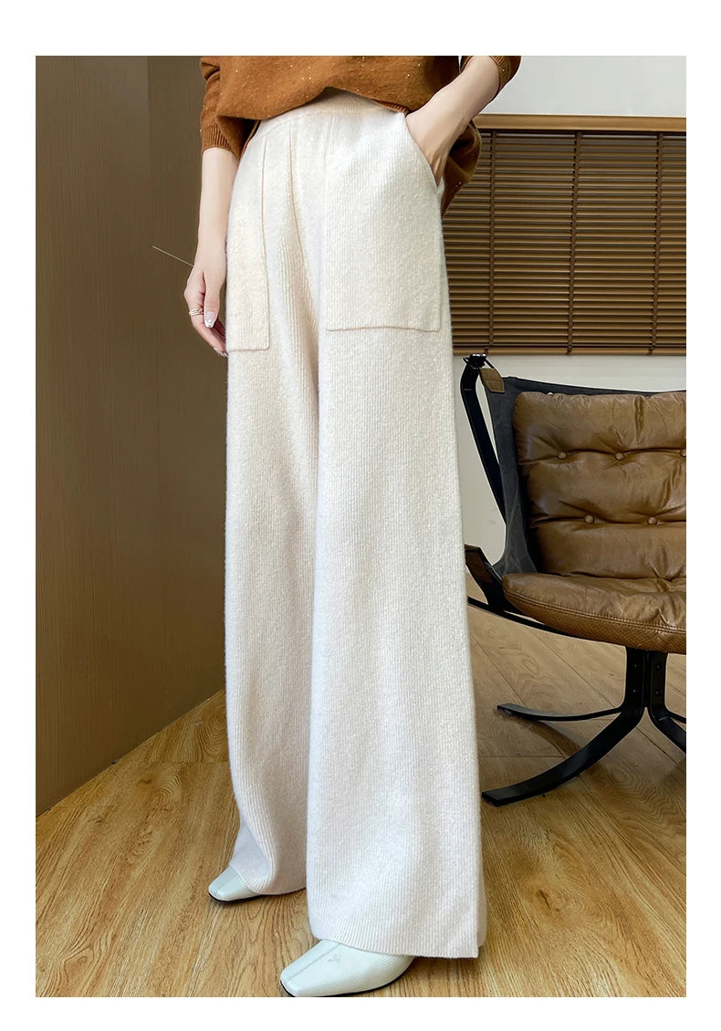 DjzDsm Women's Autumn Spring Knitted Floor-Length Wide Leg Pants 100% Merino Wool Long Trousers