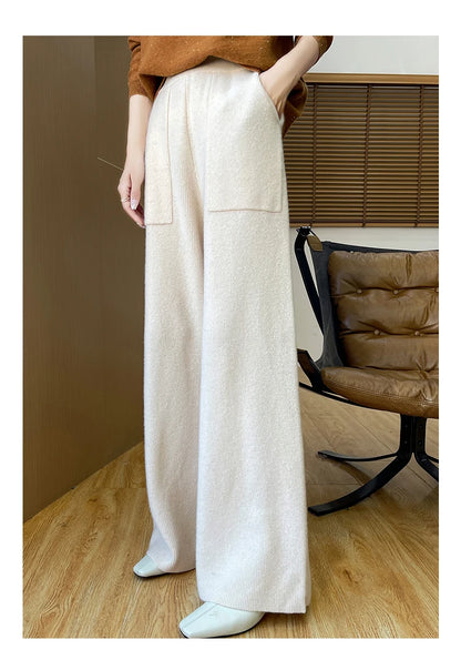 DjzDsm Women's Autumn Spring Knitted Floor-Length Wide Leg Pants 100% Merino Wool Long Trousers
