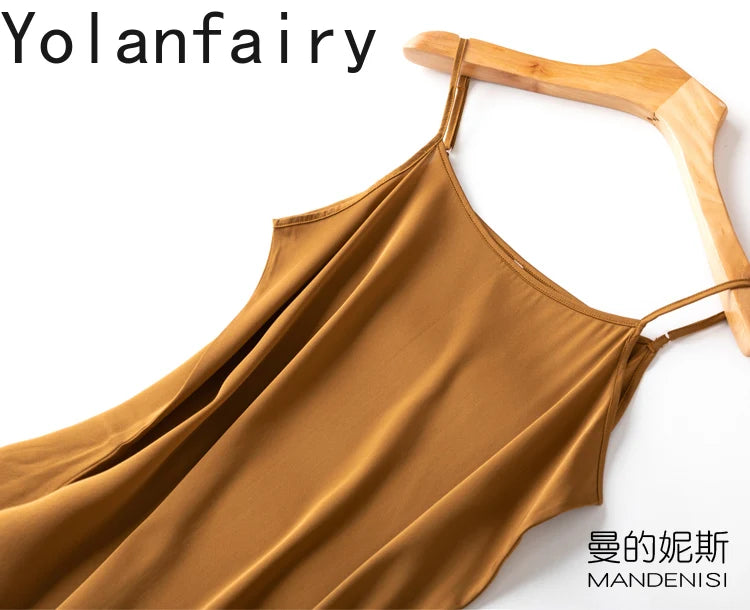 YOLANFAIRY 19momme 93% Mulberry Silk Spaghetti Strap Dress for Women Elegant Mid-length Sexy Real Silk Summer Dresses Woman 원피스
