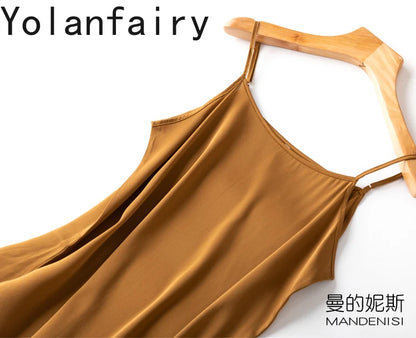 YOLANFAIRY 19momme 93% Mulberry Silk Spaghetti Strap Dress for Women Elegant Mid-length Sexy Real Silk Summer Dresses Woman 원피스