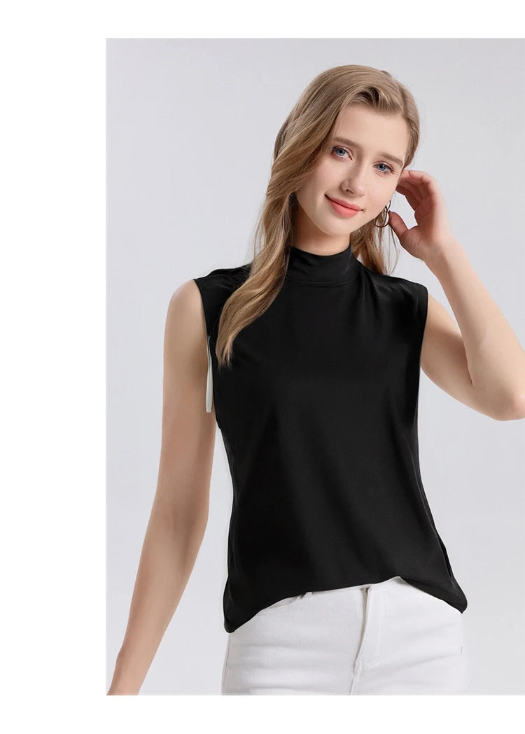 SuyaDream. Women Solid Tanks, 92%Real Silk, Mock Neck, Sleeveless Chic T Shirt, 2025 Solid Summer Vests