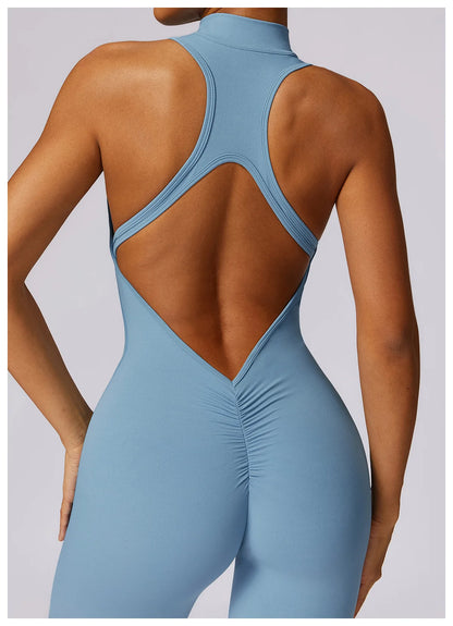 Summer V Back One-piece Suit Women Sports Jumpsuit Zippers Yoga Rompers Backless Sportswear Women Sleeveles Workout Bodysuits
