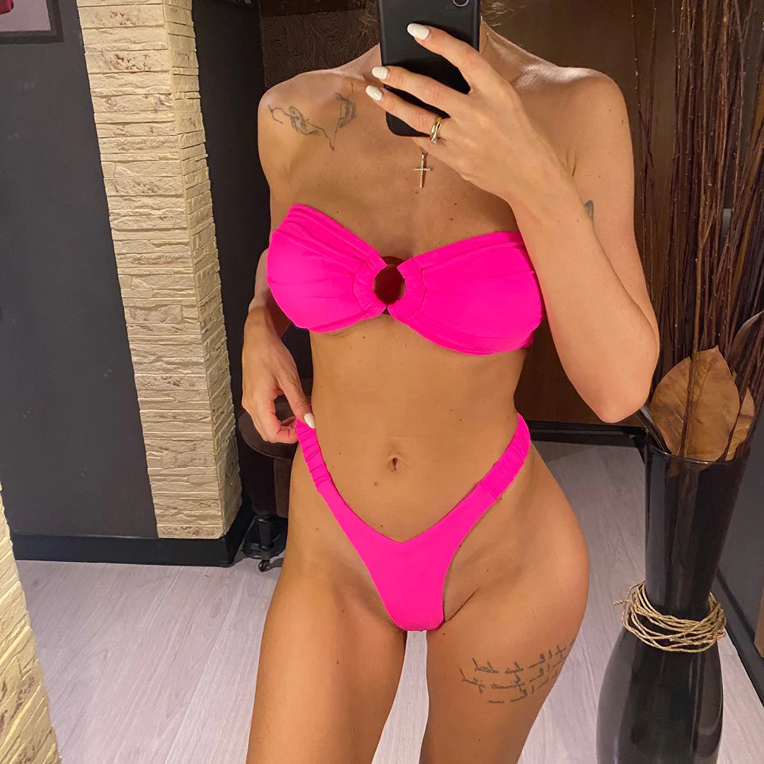 Wrinkled Bandeau High Cut Mini Thong Bikini Female Swimsuit Women Swimwear Two-pieces Bikini set Bather Bathing Suit Swim V6085