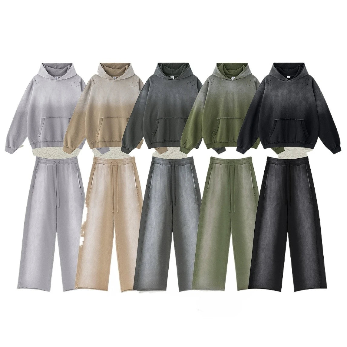 Custom LOGO men's 2025 autumn 370G heavy 100% cotton gradual change hole hooded sweater straight trousers set