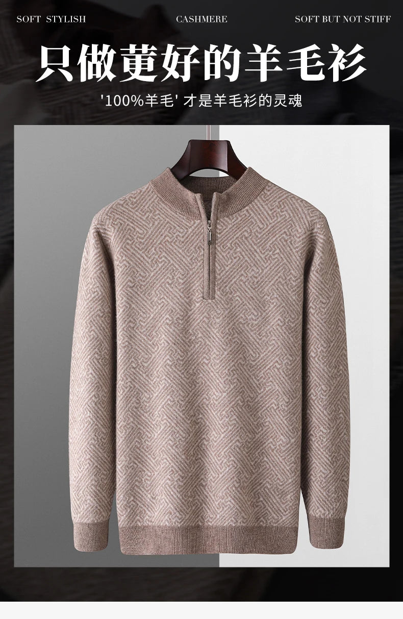 Men's 100% Merino Wool Jacquard Sweater Mock Collar Half Zip Thick Pullover Autumn Winter Cashmere Knitwear Long Sleeved Top