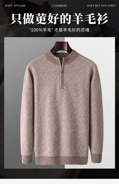 Men's 100% Merino Wool Jacquard Sweater Mock Collar Half Zip Thick Pullover Autumn Winter Cashmere Knitwear Long Sleeved Top