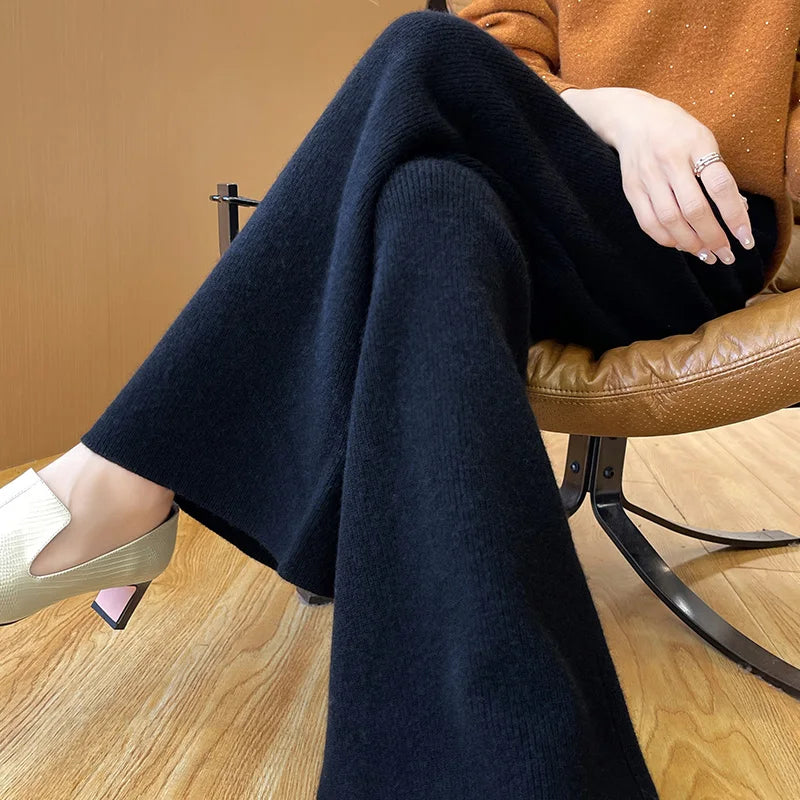 DjzDsm Women's Autumn Spring Knitted Floor-Length Wide Leg Pants 100% Merino Wool Long Trousers