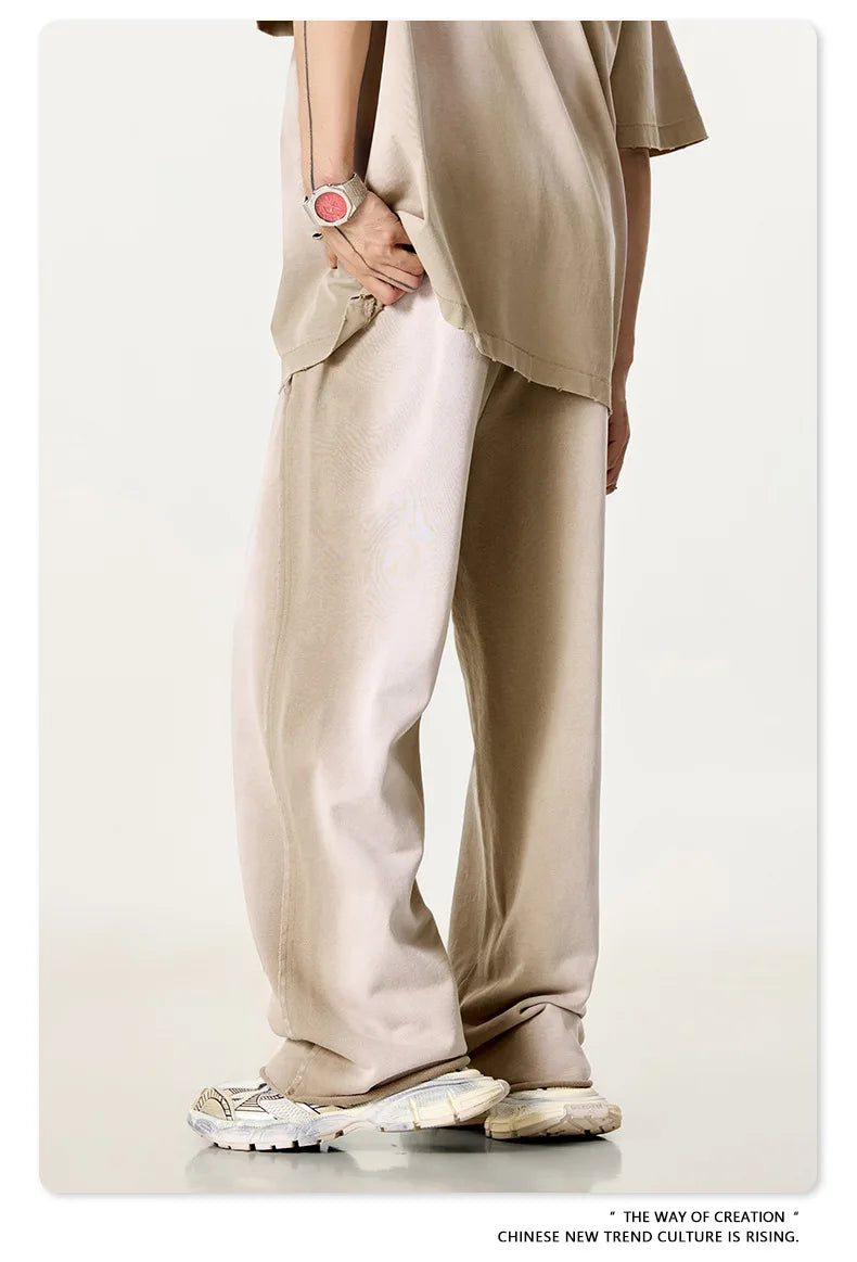 Custom LOGO men's 2025 autumn 370G heavy 100% cotton gradual change hole hooded sweater straight trousers set