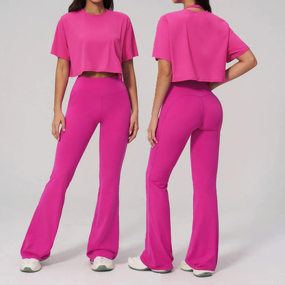 Women's Tracksuits 2PCS Yoga Outfits Gym Clothes Workout Set Sportswear Female Short Sleeve Sports Shirts Flared pants Yoga Suit