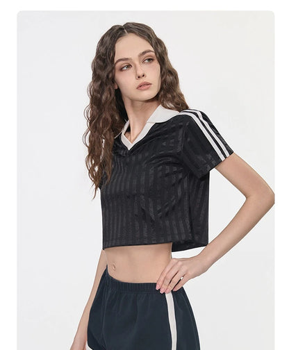 Customized LOGO Women's Spice Girls V-Neck Football Sports T-Shirt Patch Striped Casual Retro Short Sleeve Top