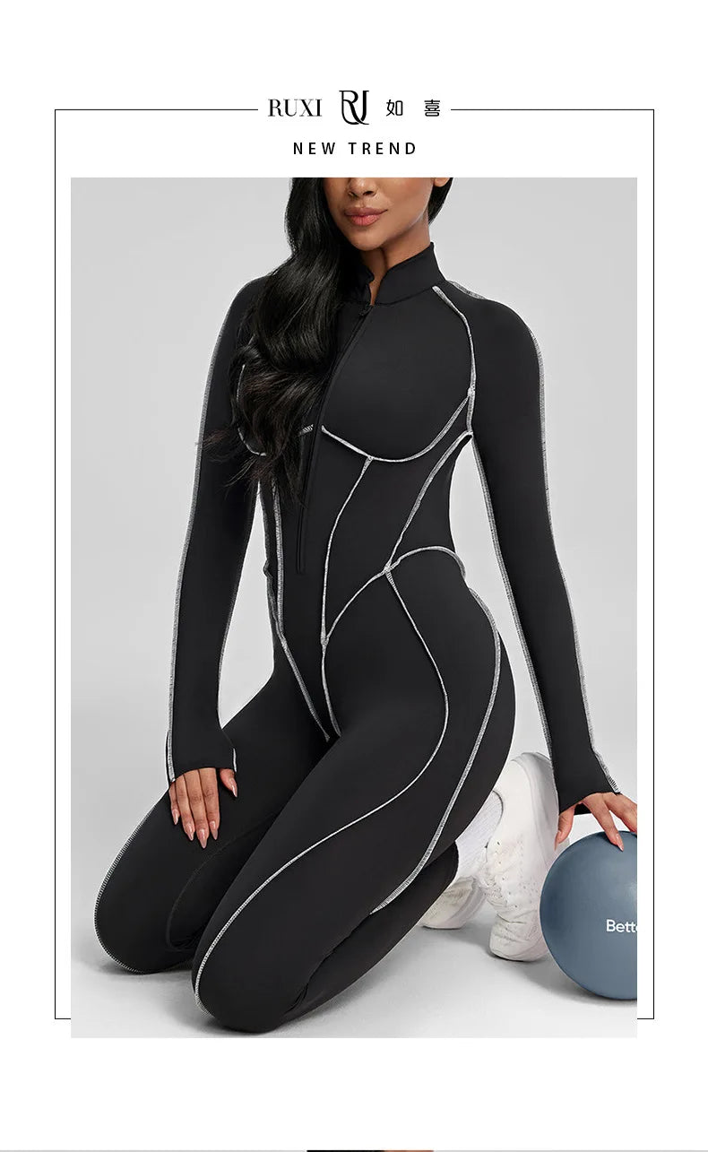SOISOU Nylon Jumpsuit Women's Sport Yoga Fitness Set with zipper & chest cushion Bare Back High elastic soft fabric Gym Bodysuit
