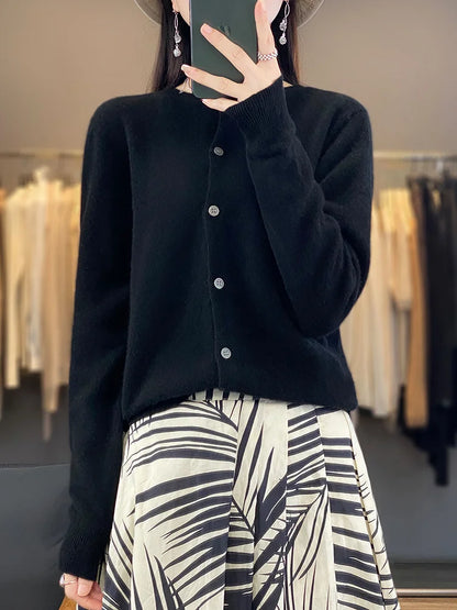 100% Merino Wool Sweater Women O-Neck Cardigan Basic Style  Buttoned Knitwear Female Casual Autumn Winter Soft Tops