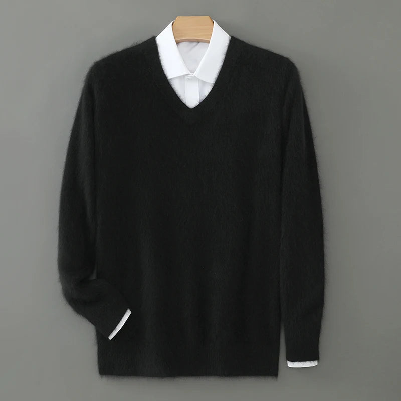 100% Pure Mink Cashmere Sweater Men's V-Neck Pullovers Knit Large Size Mink Sweater Winter New Long Sleeve High-End Jumpers Tops