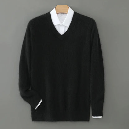 100% Pure Mink Cashmere Sweater Men's V-Neck Pullovers Knit Large Size Mink Sweater Winter New Long Sleeve High-End Jumpers Tops