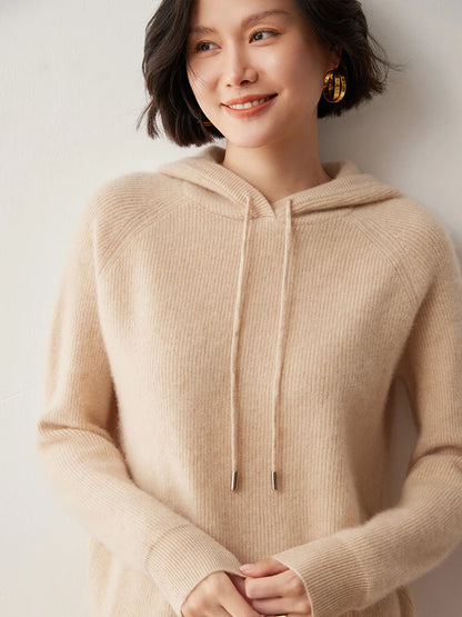 CHICUU Autumn Winter Women Hoodie Pullover Sweater 100% Cashmere Knitwear Soft Warm Casual Style Hooded Sweater Tops