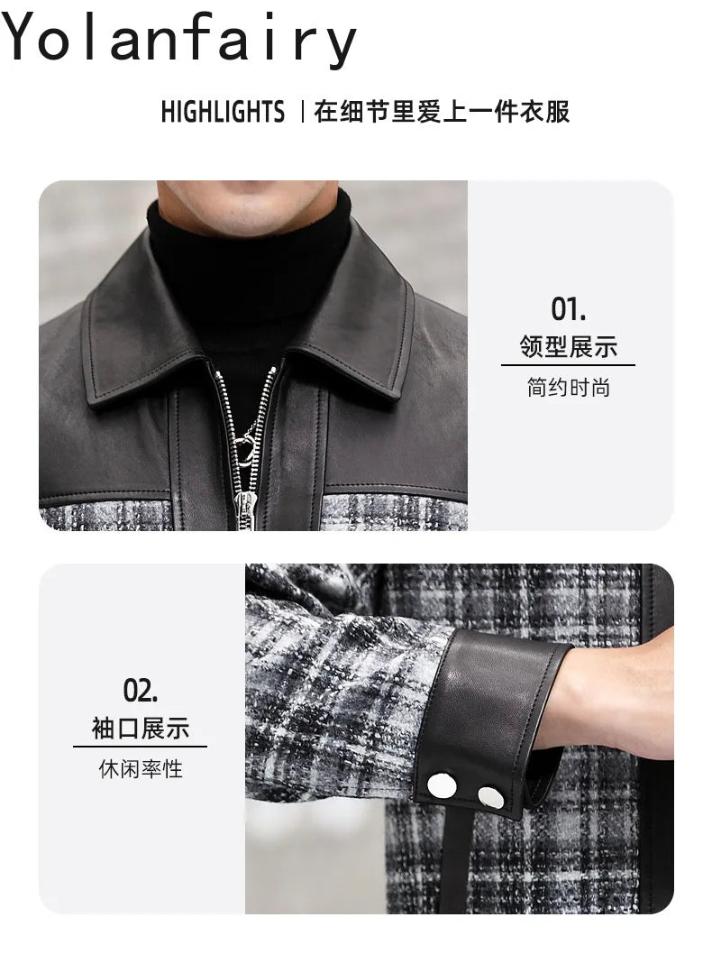 YOLANFAIRY Plaid Wool Spliced Genuine Sheepskin Jacket for Man Spring Autumn Short Woolen Coat Turn Down Collar abrigo hombre
