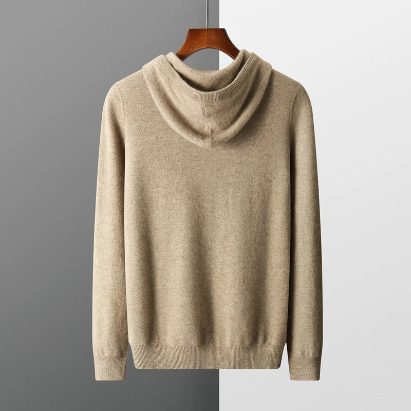 Men's 100% Merino Wool Sweater Hooded Collar Knitted Pullover Cashmere Sweatshirt Autumn Winter Casual Large Tops Long Sleeved