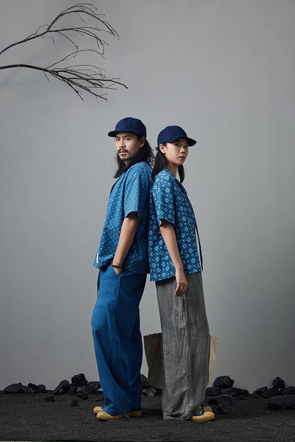 Vintage Indigo Print Shirt Men Summer New Blue Dyed Cuban Lapel Short Sleeve Single Breasted Shirt Cotton Casual Cardigan Tops