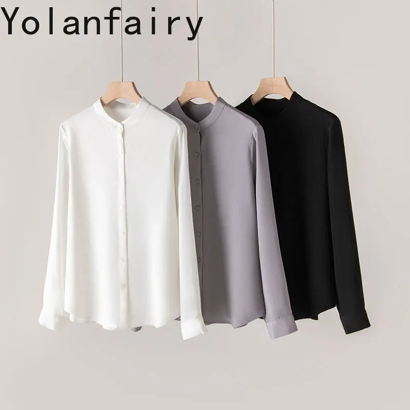 YOLANFAIRY 93% Natural Mulberry Silk Shirts Woman 2026 Stand Collar Long Sleeve Blouse Women Elegant White Shirt OL Ladies Tops