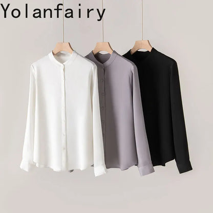 YOLANFAIRY 93% Natural Mulberry Silk Shirts Woman 2026 Stand Collar Long Sleeve Blouse Women Elegant White Shirt OL Ladies Tops