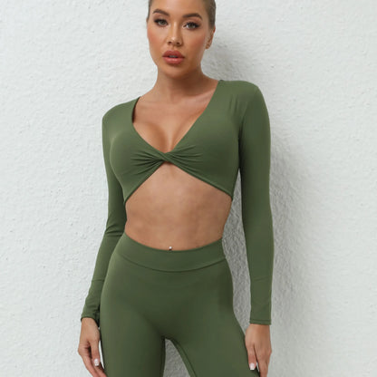 Sexy Creased Long Sleeve Crop Top Women Yoga Clothing Quick Dry Gym Long Sleeved Shirt Women Clothes Running Workout Sportswear