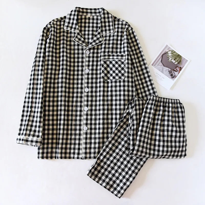 2026 New Japanese Spring and Autumn Couple Pajama Set 100% Cotton Men's and Women's Plaid Long Sleeve Two Piece Home Furnishing