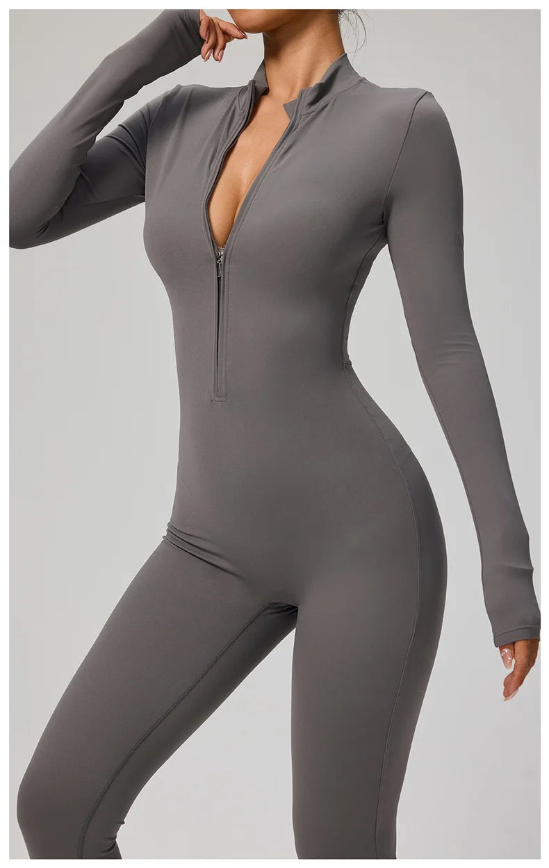 TRY TO BN Women's Jumpsuit Long Sleeve Zipper Shapewear Bodysuit Yoga Fitness One Piece Tights Gym Clothing Mono Deportivo Mujer