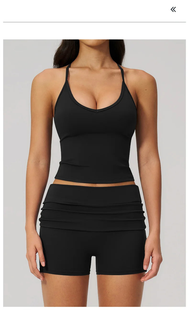 TRY TO BN Two Pieces Women's Tracksuit Vest Sling Top Set Fold-over Waist Yoga Shorts Hip Lifting Running Fitness Gym Activewear