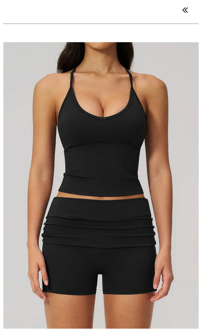 TRY TO BN Two Pieces Women's Tracksuit Vest Sling Top Set Fold-over Waist Yoga Shorts Hip Lifting Running Fitness Gym Activewear