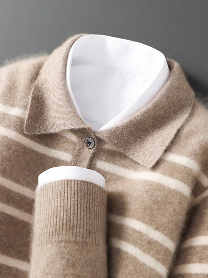 Men Leisure 100% Merino Wool Sweater Polo Collar Knit Pullover Autumn Winter Cashmere Clothing Casual Business Color Stripe Top