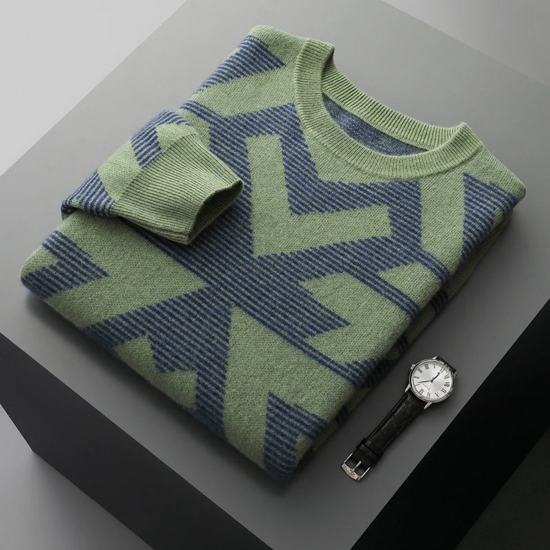 Men's Autumn Winter New 100% Cashmere O-Neck Sweater Fashion Knitted Jacquard Pullover Top Color blocked Thickened Men's Wear
