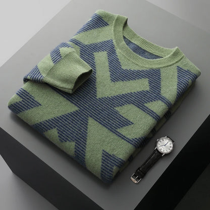 Men's Autumn Winter New 100% Cashmere O-Neck Sweater Fashion Knitted Jacquard Pullover Top Color blocked Thickened Men's Wear