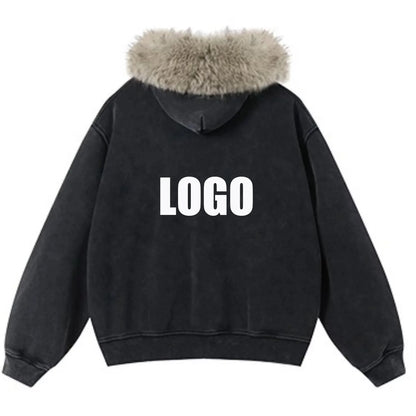 Custom LOGO Men's 400G Autumn Winter Retro Washed Boxy Fleece Collar Plush Thickened  Hooded  Zipper Jacket Couple style set