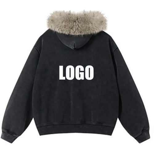 Custom LOGO Men's 400G Autumn Winter Retro Washed Boxy Fleece Collar Plush Thickened  Hooded  Zipper Jacket Couple style set