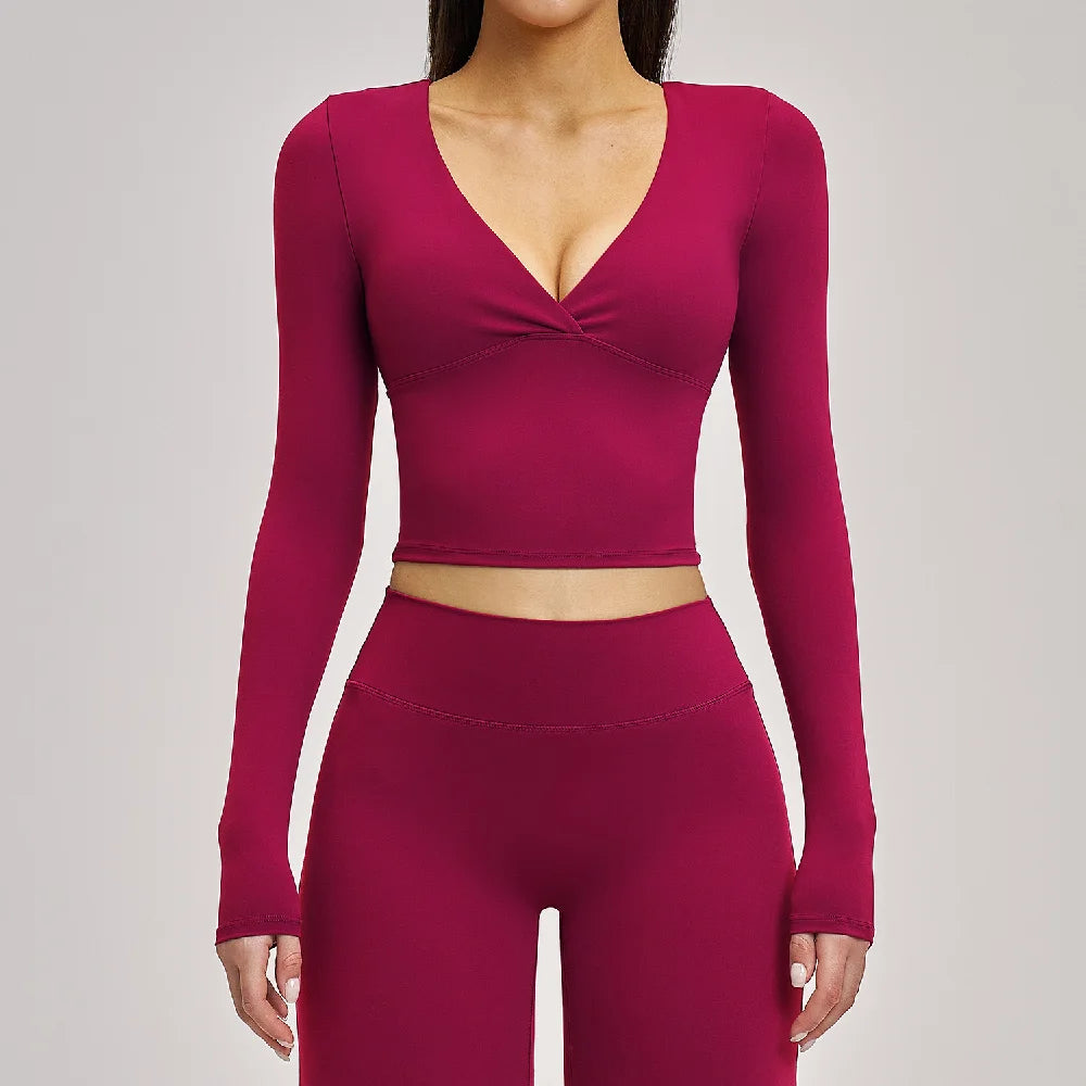 Deep-V Yoga Long Sleeve Solid Sports T-shirts Women's Gym Workout Shirts Sexy Quick Dry Fitness Long Sleeve Female Yoga Shirts