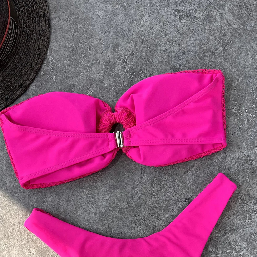 Wrinkled Bandeau High Cut Bikini Women Swimwear Female Swimsuit Two-pieces Bikini set Strapless Bather Bathing Suit Swim V3367